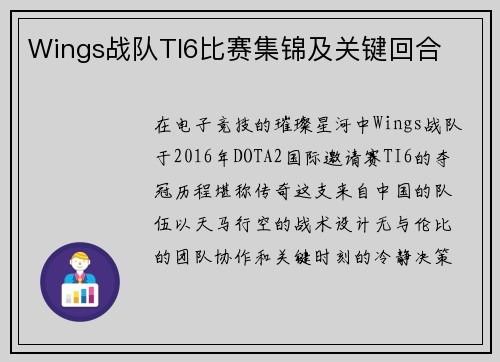 Wings战队TI6比赛集锦及关键回合