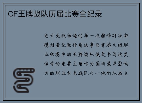 CF王牌战队历届比赛全纪录