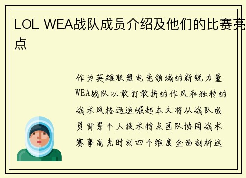 LOL WEA战队成员介绍及他们的比赛亮点